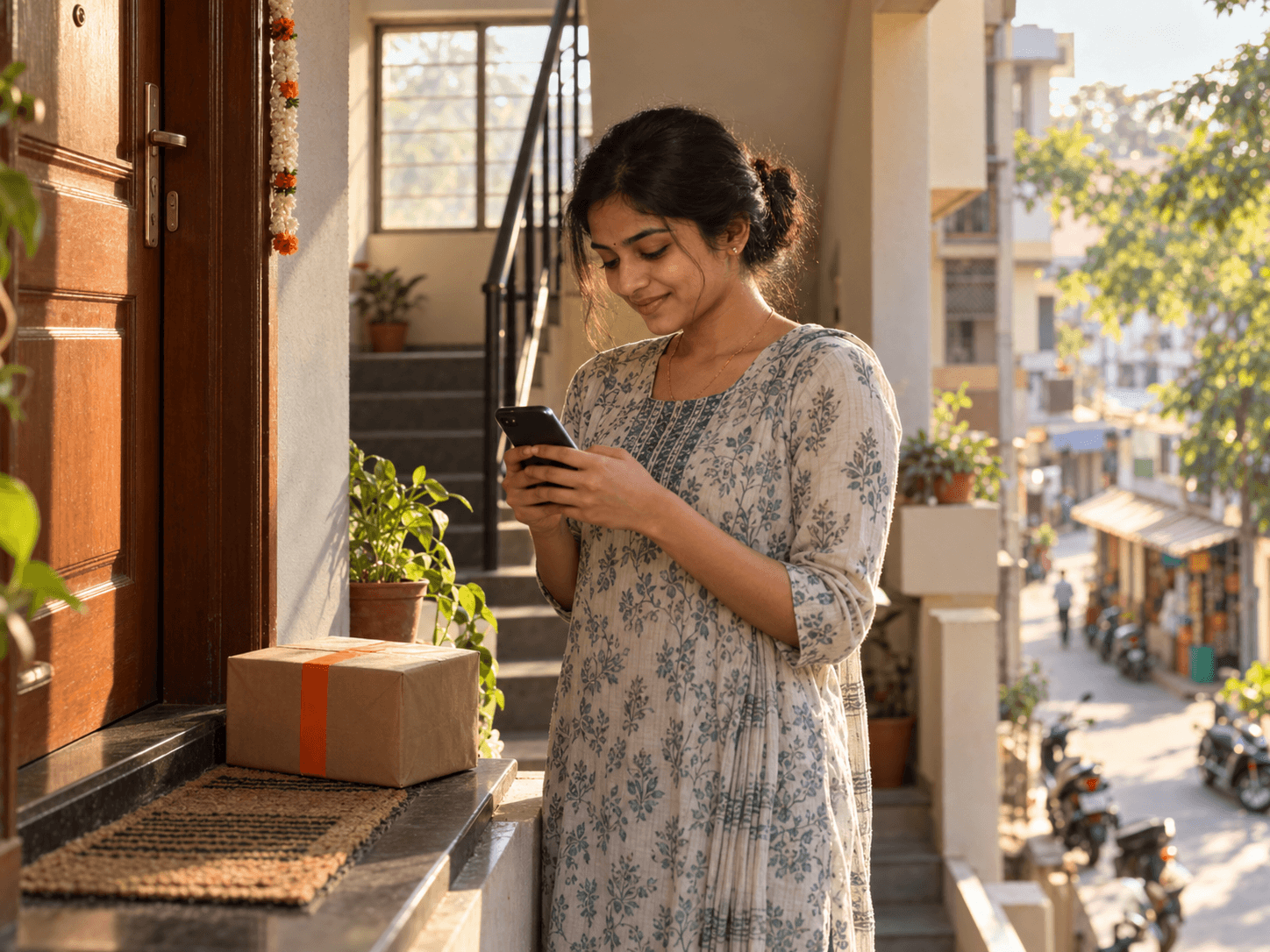A customer checking her Voder order on her phone at her doorstep