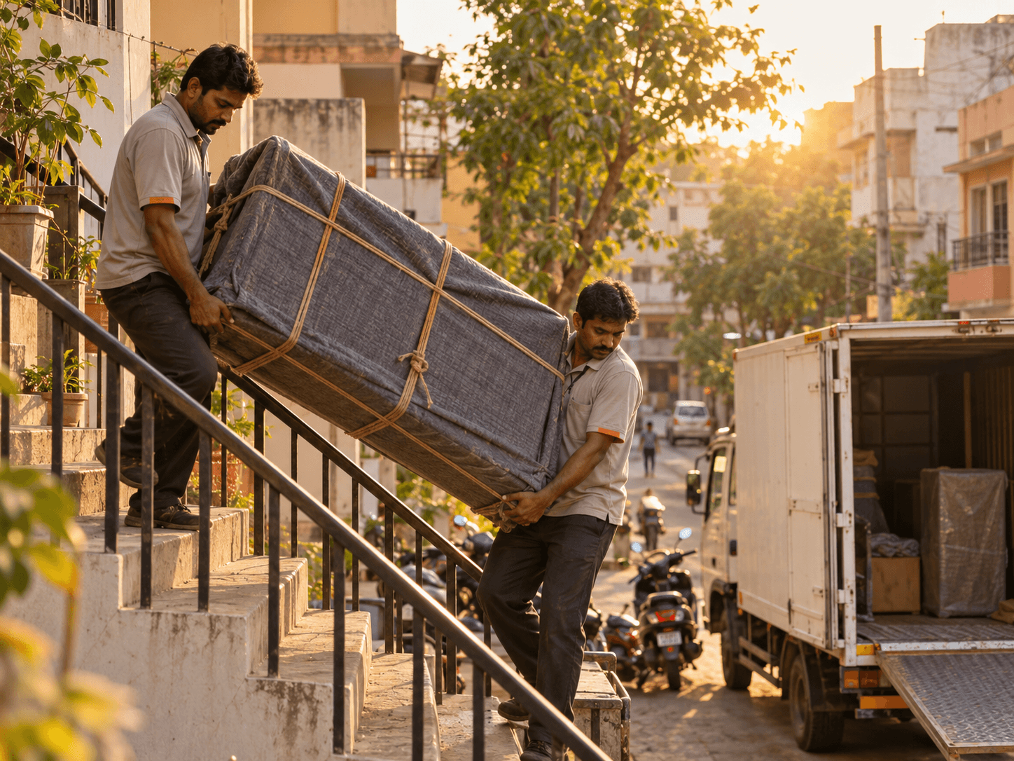 Two Voder movers carefully carrying a wrapped cupboard down apartment stairs