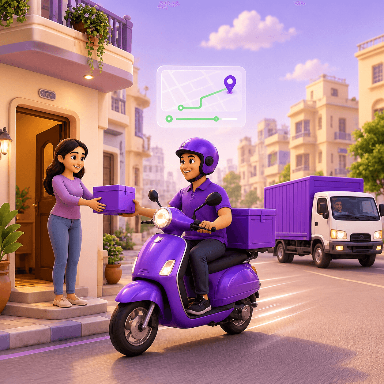 A Voder delivery rider handing a parcel to a customer with an auto-rickshaw in the background